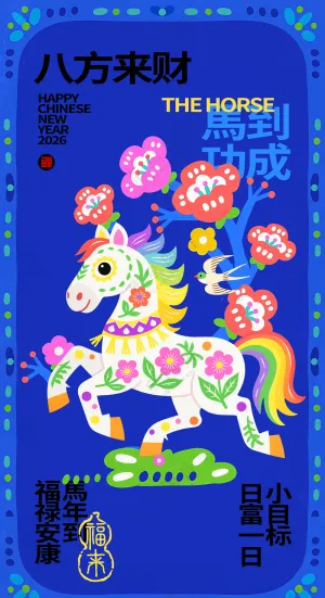 马年喜庆蓝色卡通骏马新年海报