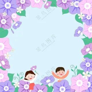卡通儿童夏季暑假牵牛花花丛玩耍植物边框框架插图
