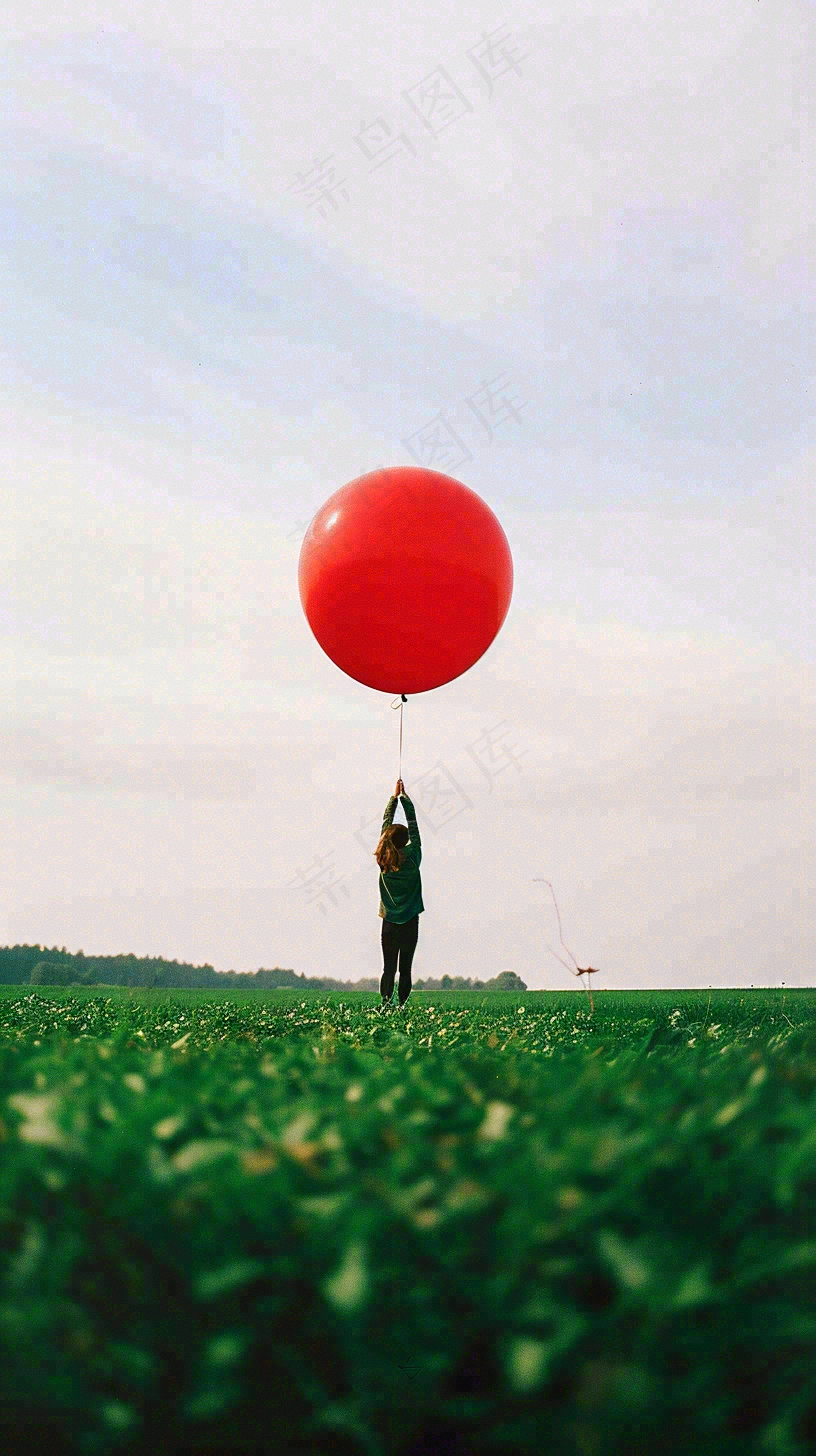 草地天空中的红色气球愚人节摄影图