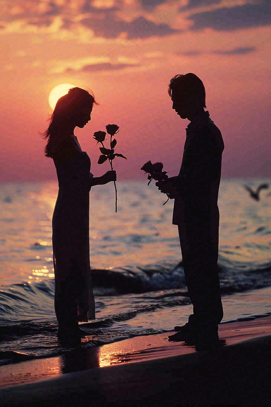 浪漫夕阳晚霞海边情侣情人节七夕摄影图