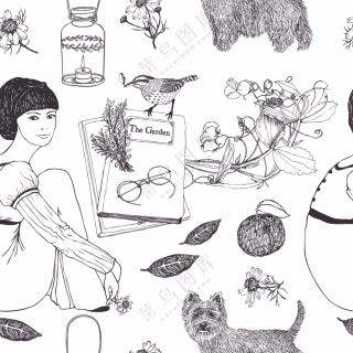 小鸟小狗与人物等无缝图案免抠素材