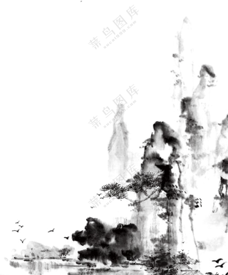 山间飞鸟树木水墨绘画PNG图片素材