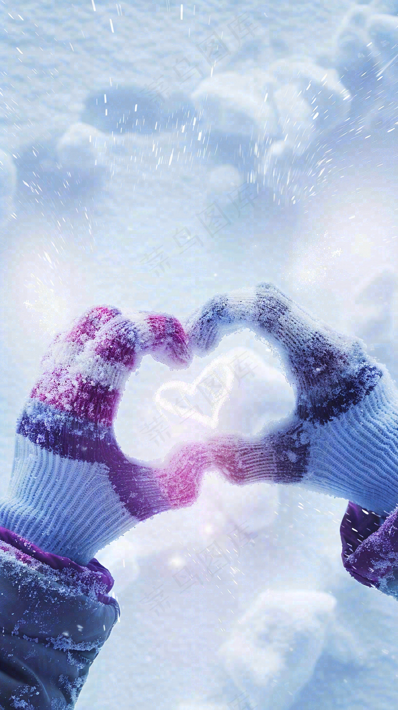 冬季寒冷雪地玩雪手套爱心手势大雪小雪小寒浪漫情人节摄影图背景