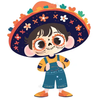 万圣节墨西哥骷髅头装扮可爱男孩儿童节日装扮卡通插画