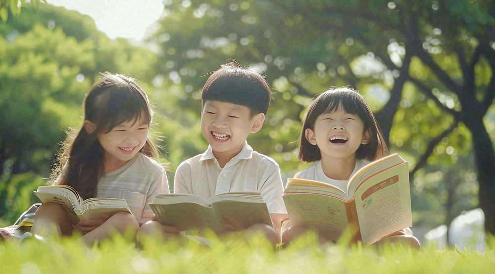 公园草坪看书阅读的学生孩子们知识兴趣世界读书日摄影图