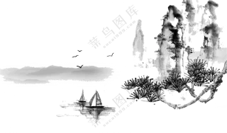帆船飞鸟与峭壁水墨画免抠图片素材