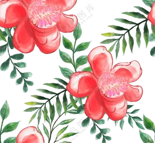 水彩红花绿叶横向拼接图案免抠素材