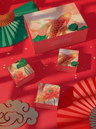 红色锦鲤中式传统中秋节月饼礼盒包装psd样机006