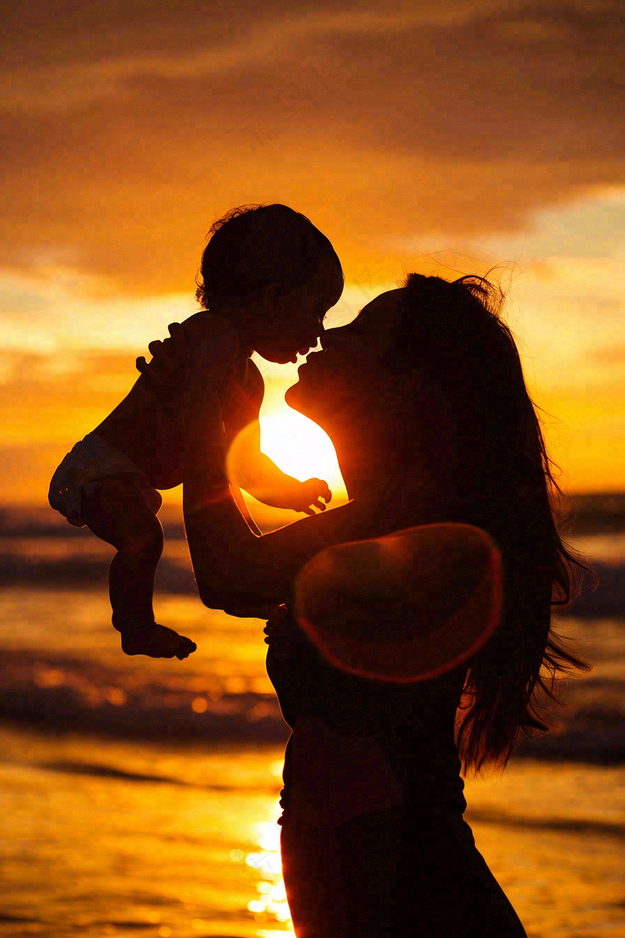 母亲节晚霞妈妈抱孩子温馨摄影图