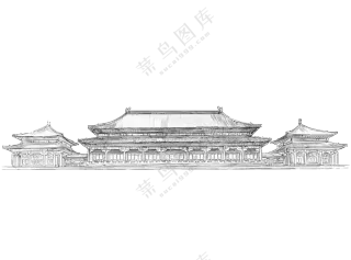 手绘线描效果的古建筑免抠图片素材