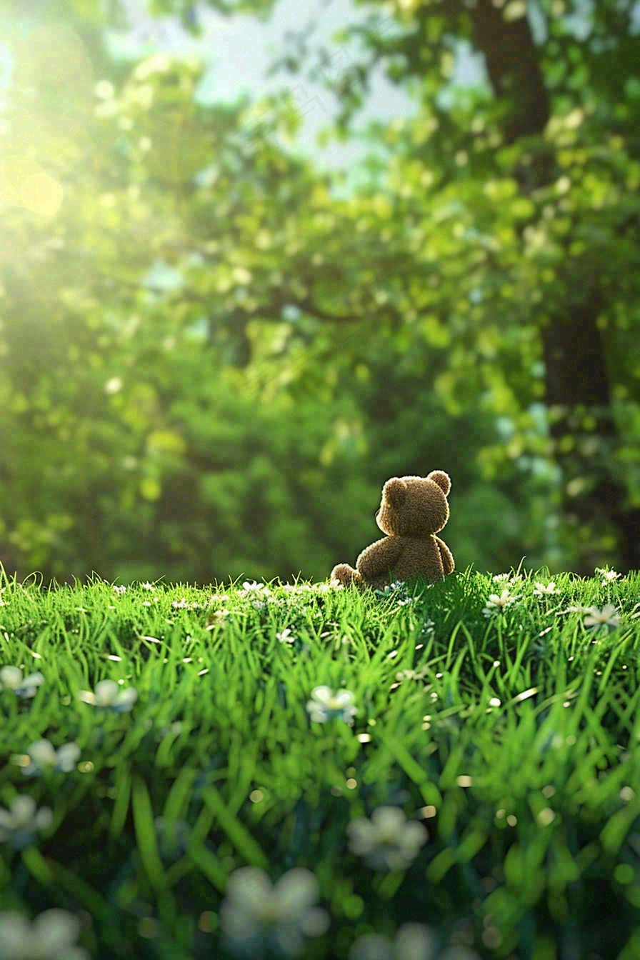 春天绿草坪野花上的小熊玩偶阳光立春春分惊蛰摄影图