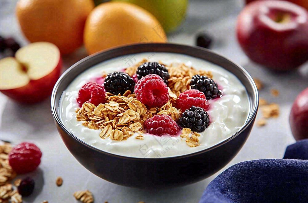 水果燕麦酸奶草莓蓝莓食物饮品摄影图