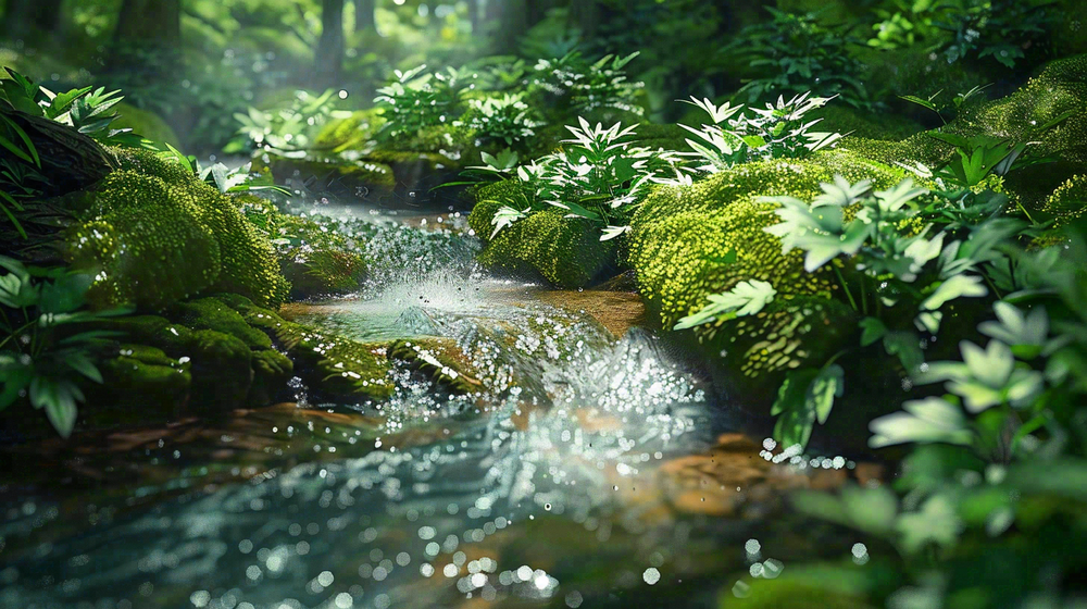 山涧溪流夏日清凉解暑苔藓植物小花立夏夏至摄影图