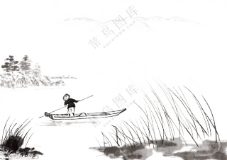 草丛树木与湖面上的撑船人免抠图片
