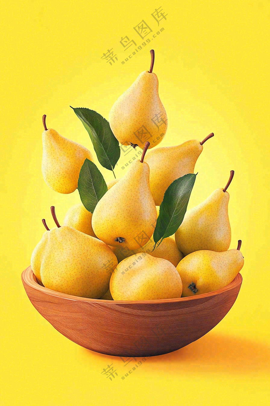 新鲜水果梨子木碗黄色背景摄影图