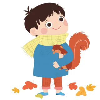 卡通风秋季抱着松鼠玩耍的可爱男孩儿童教育插画