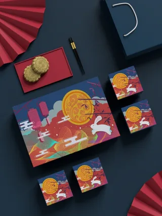 中式扁平插画传统中秋节月饼礼盒包装psd样机022