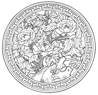 黑色简约牡丹雕刻图案