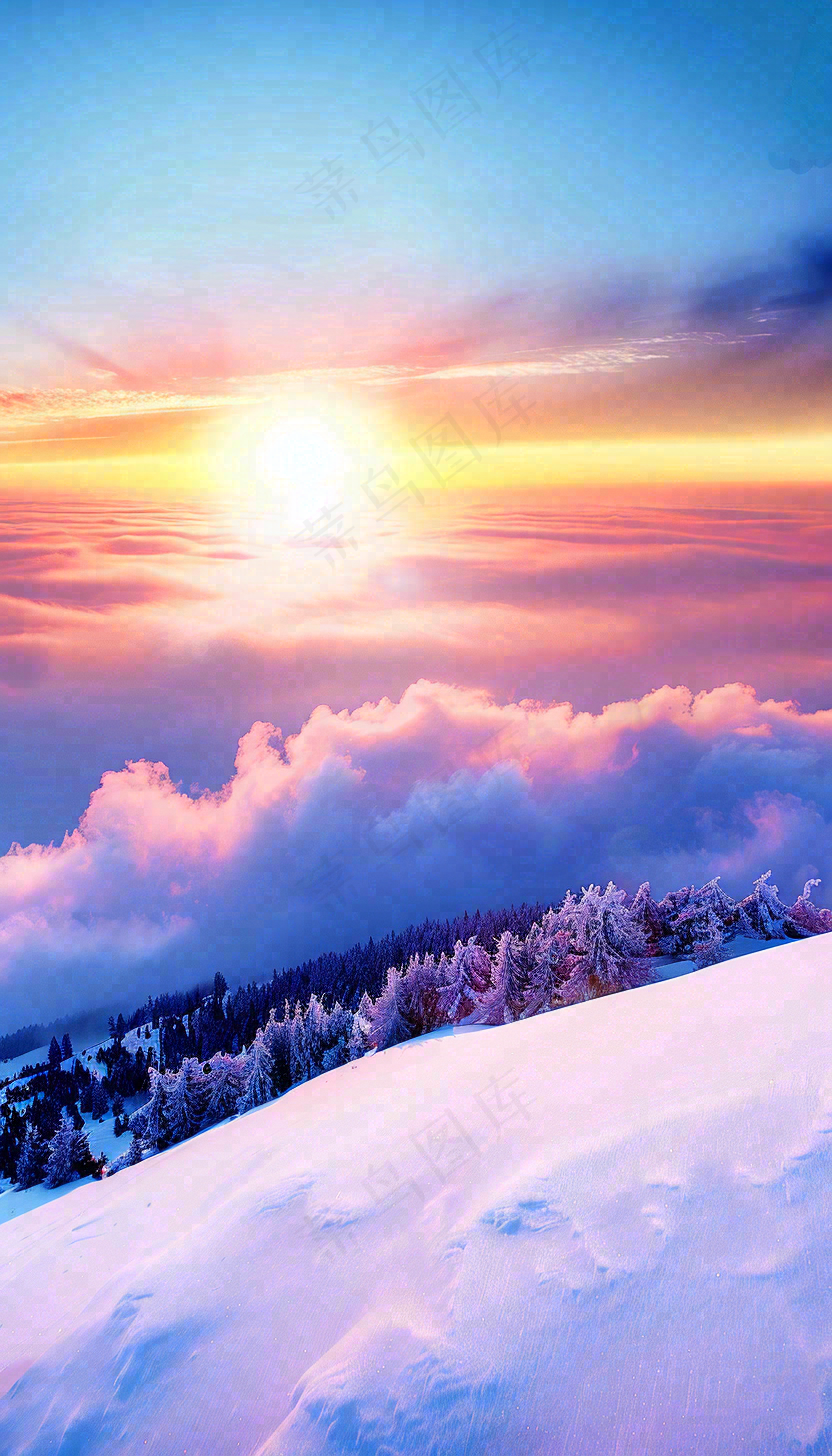 冬季夕阳晚霞雪山山林立冬小寒大寒小雪摄影图