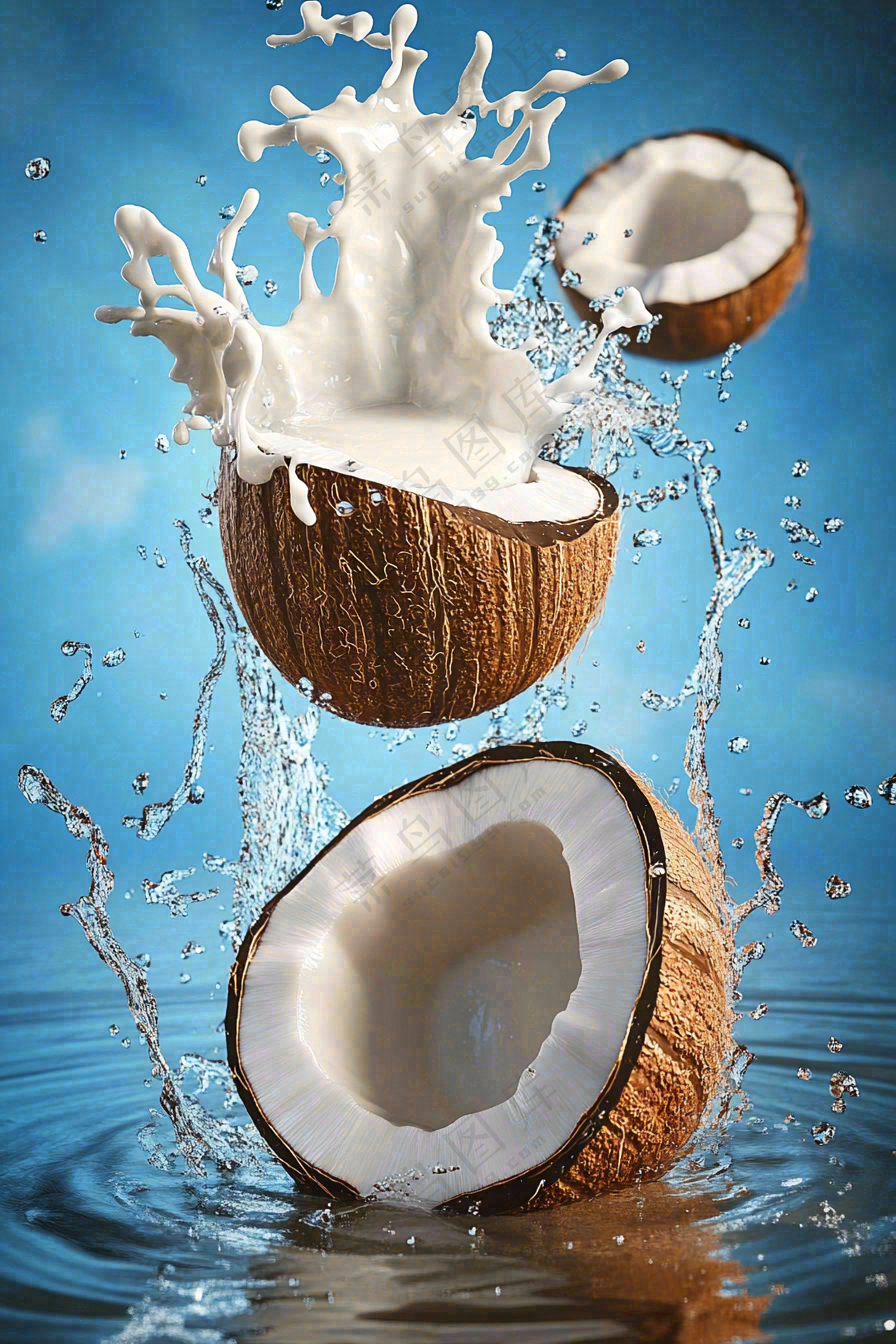椰子汁飞溅新鲜果汁摄影图
