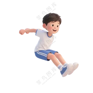 蓝+白色纯净3D风格跳远的男孩免抠PNG素材