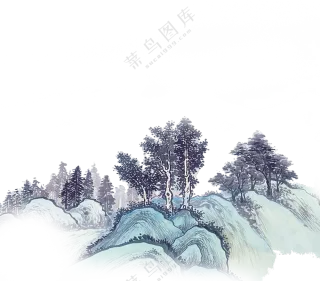 山中生长的树木风景水墨画免抠图片