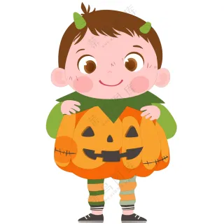万圣节穿精灵服拿南瓜灯可爱男孩儿童节日装扮卡通插画