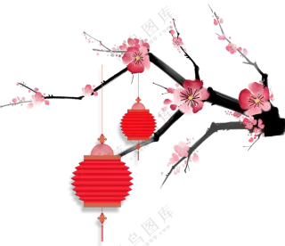 红灯笼与手绘水墨梅花PNG图片素材