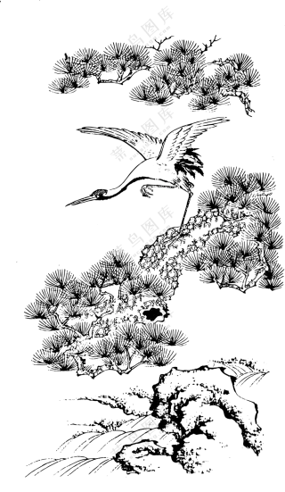 松柏树枝上的仙鹤绘画免抠图片素材