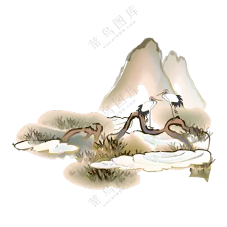 水墨风高山与两只仙鹤免抠图片素材