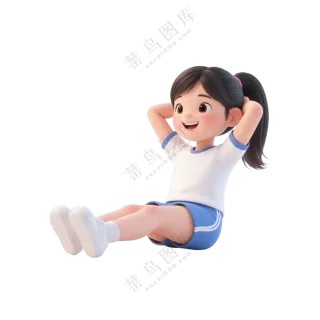 蓝+白色纯净3D风格仰卧起坐的女孩免抠PNG素材