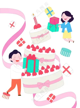 卡通扁平化购物草莓蛋糕甜品礼盒可爱插画