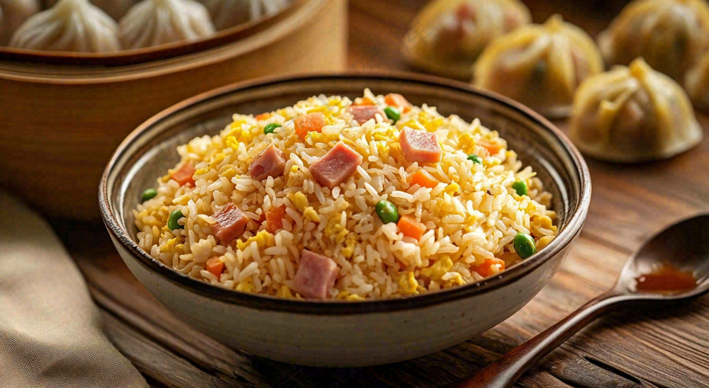 火腿肉丁炒饭鸡蛋美食主食摄影图