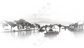 房屋与连接两岸的拱桥PNG图片素材