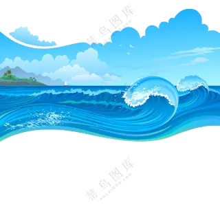 蓝天高山大海波浪风光插画免抠图片