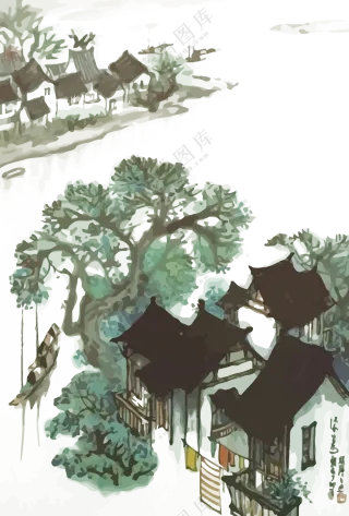 江南水乡古镇水墨创意绘画免抠图片