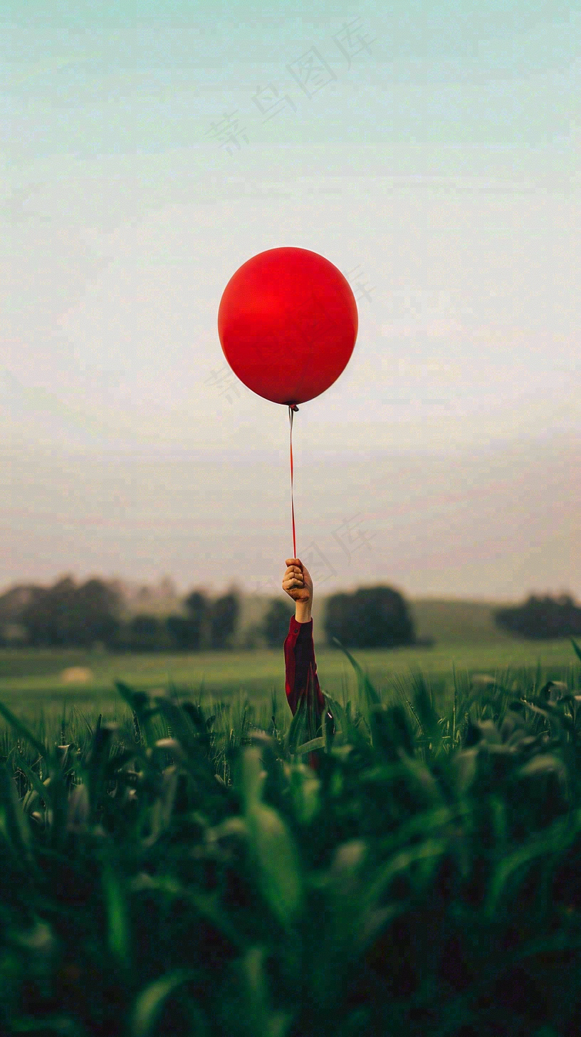 草地天空中的红色气球愚人节摄影图