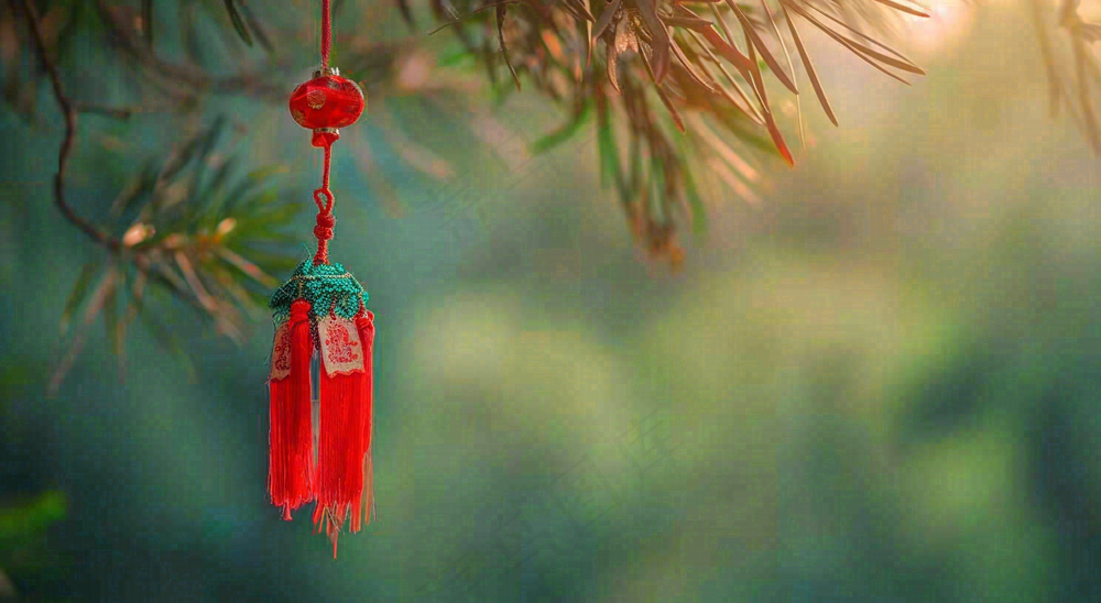 端午节树枝上挂着香囊艾叶香包祈福摄影图