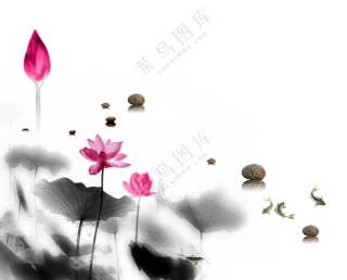 石头游鱼与水墨荷花等免抠图片素材