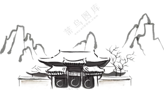 水墨线条勾勒的高山与庙宇PNG图片