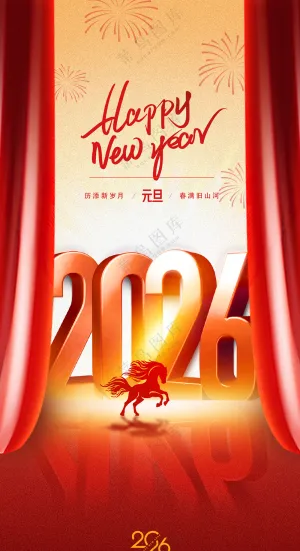 2026年春节马年立体字新年海报