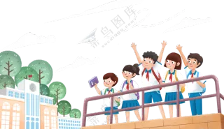 校园教学楼与学生插画免抠PNG素材