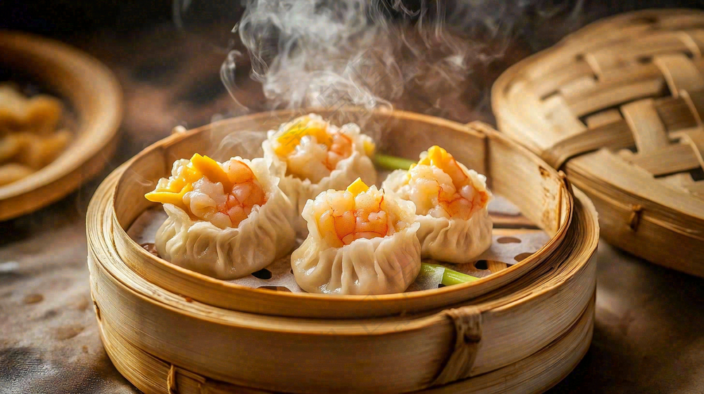 虾仁烧麦早点早餐美食摄影图