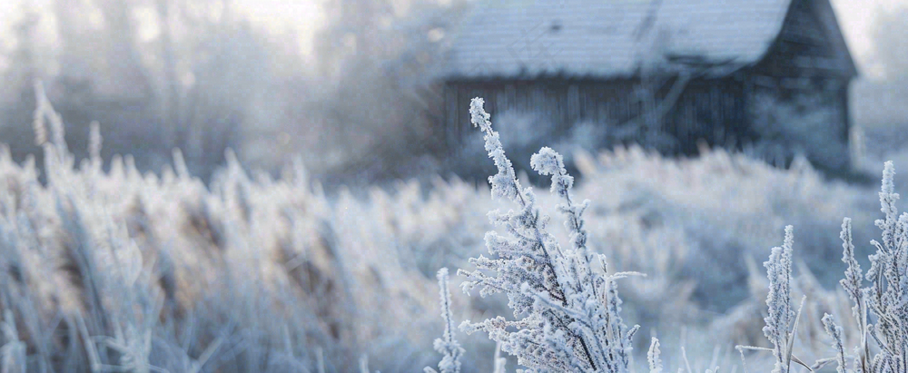 冬天植物森林里的木屋白雪覆盖小寒小雪摄影图