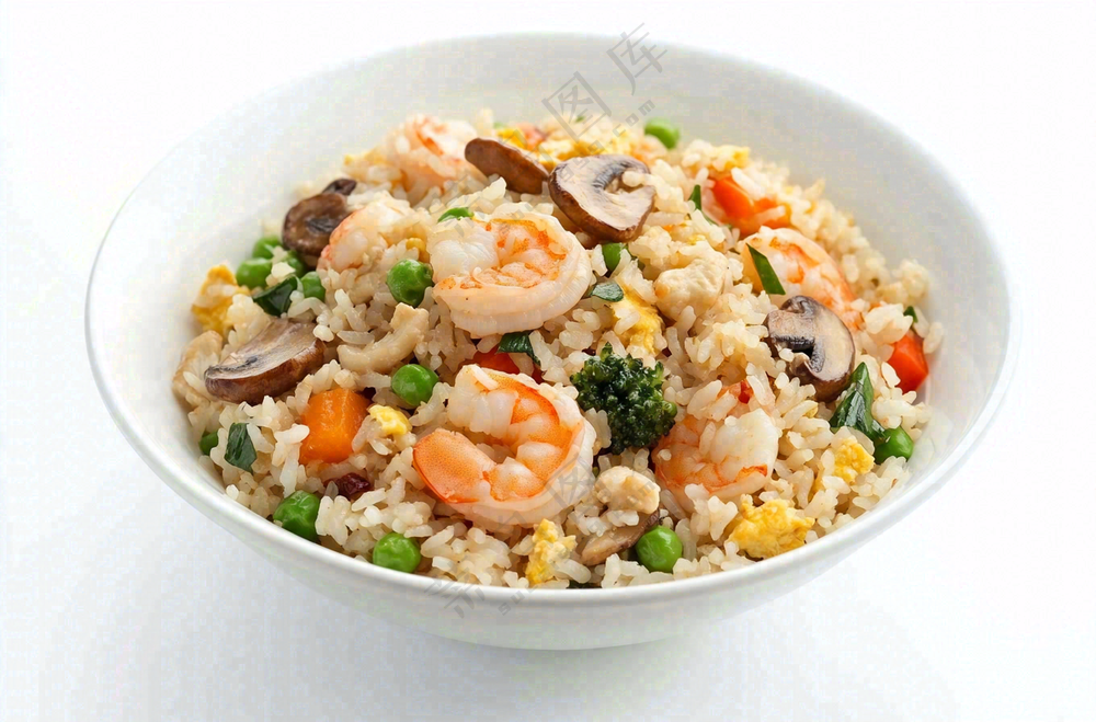 虾仁时蔬炒饭蘑菇美食摄影图