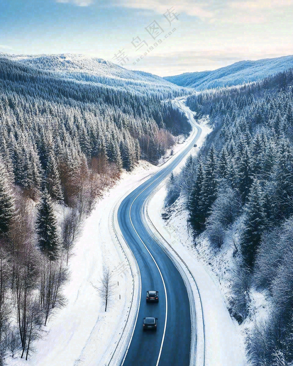 白雪雪山里的公路风景摄影图