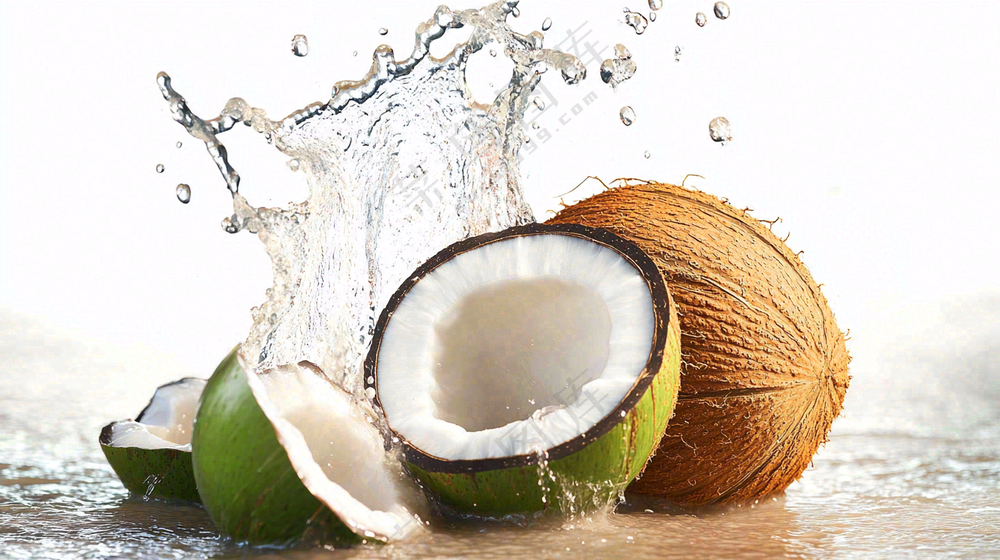 椰子汁飞溅新鲜果汁摄影图