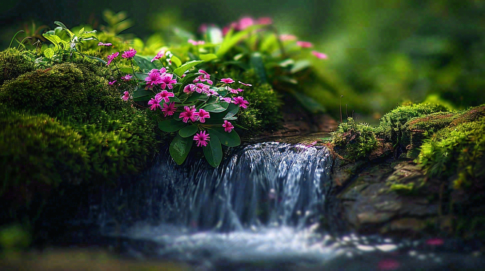 山涧溪流夏日清凉解暑苔藓植物小花立夏夏至摄影图