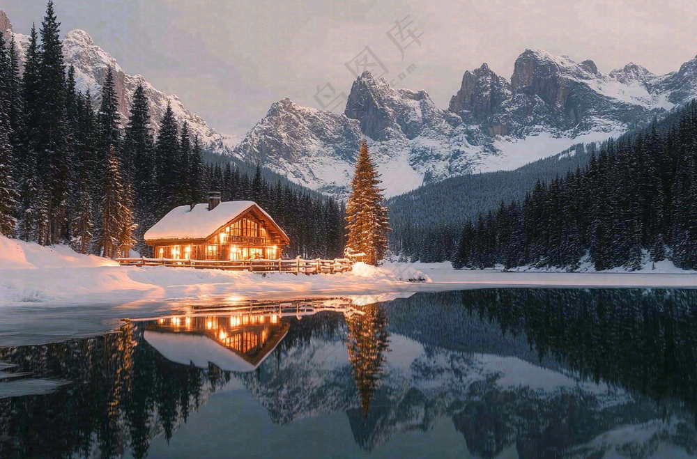 雪山下的湖泊木屋灯火大自然雪景摄影图
