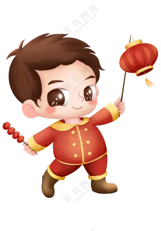 挑着灯笼的小男孩卡通插画PNG素材